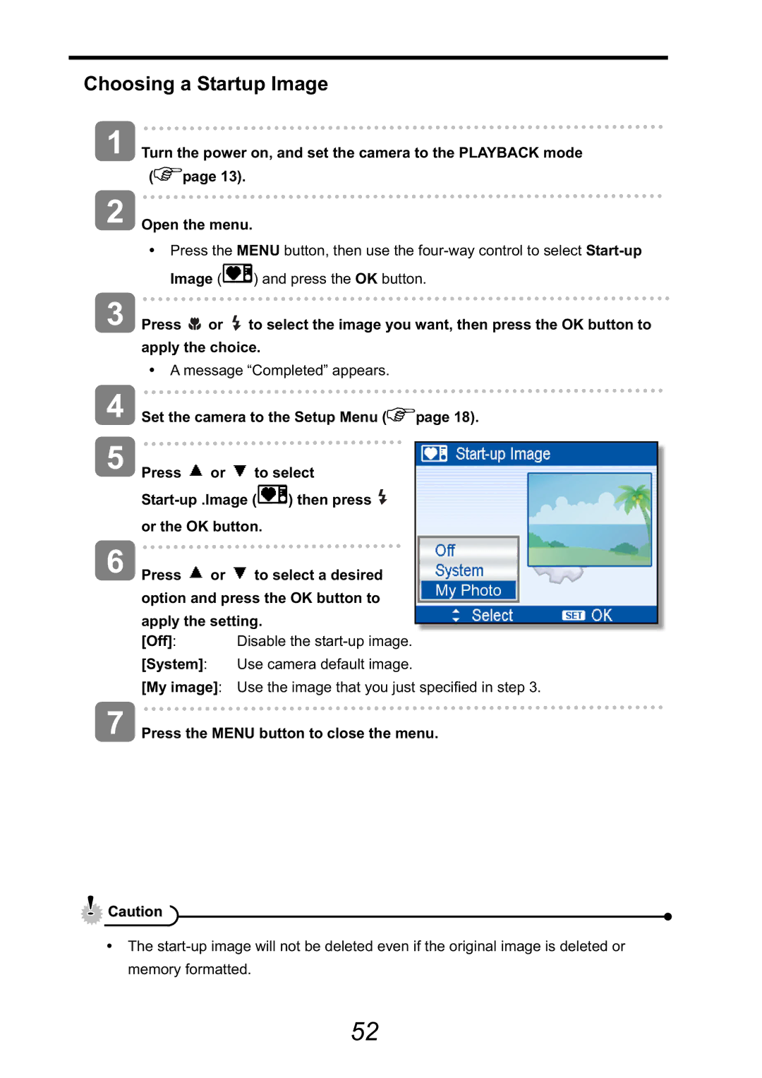 HP CA-340 manual Choosing a Startup Image, Press the Menu button to close the menu 