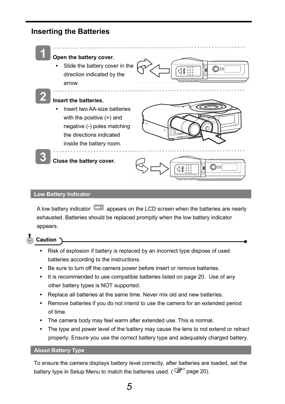 HP CA-340 manual Inserting the Batteries, Low Battery Indicator, About Battery Type 