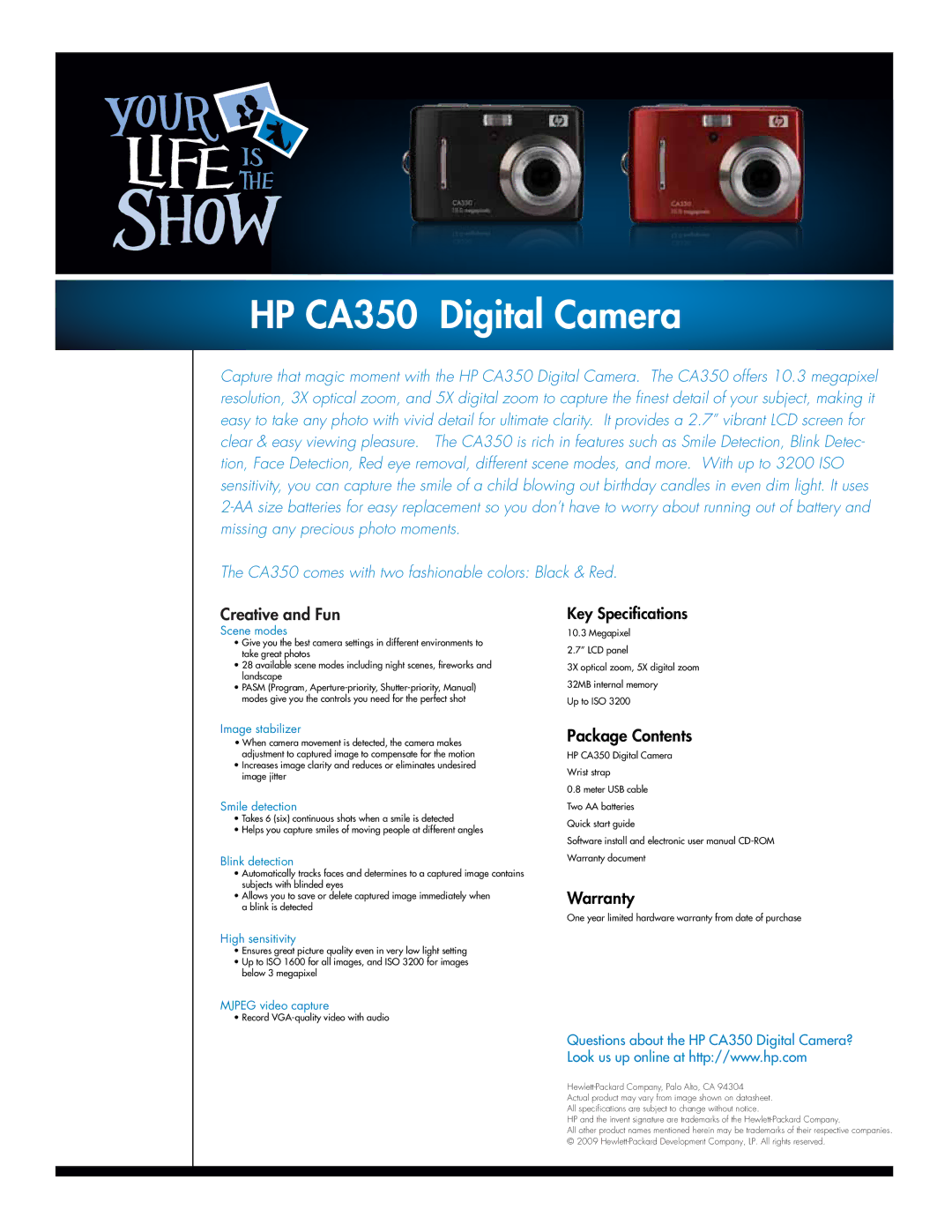 HP CA350 manual Scene modes, Image stabilizer, Smile detection, Blink detection, High sensitivity, Mjpeg video capture 
