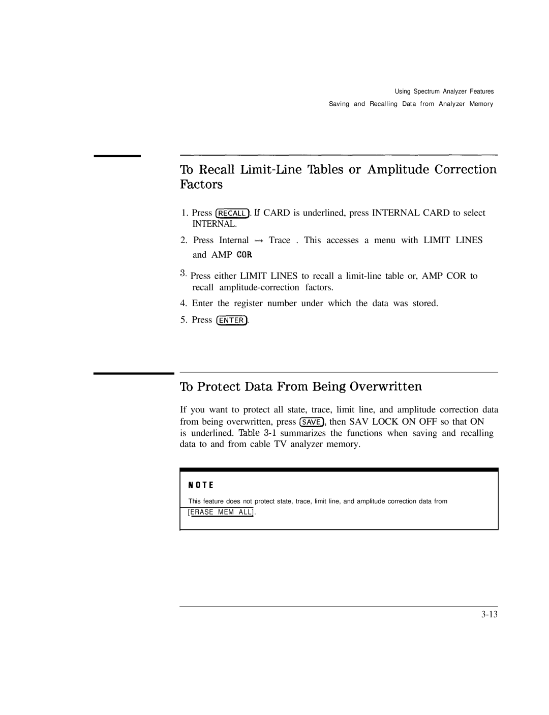 HP Cable Box 8591C To Recall Limit-Line lkbles or Amplitude Correction Factors, To Protect Data From Being Overwritten 