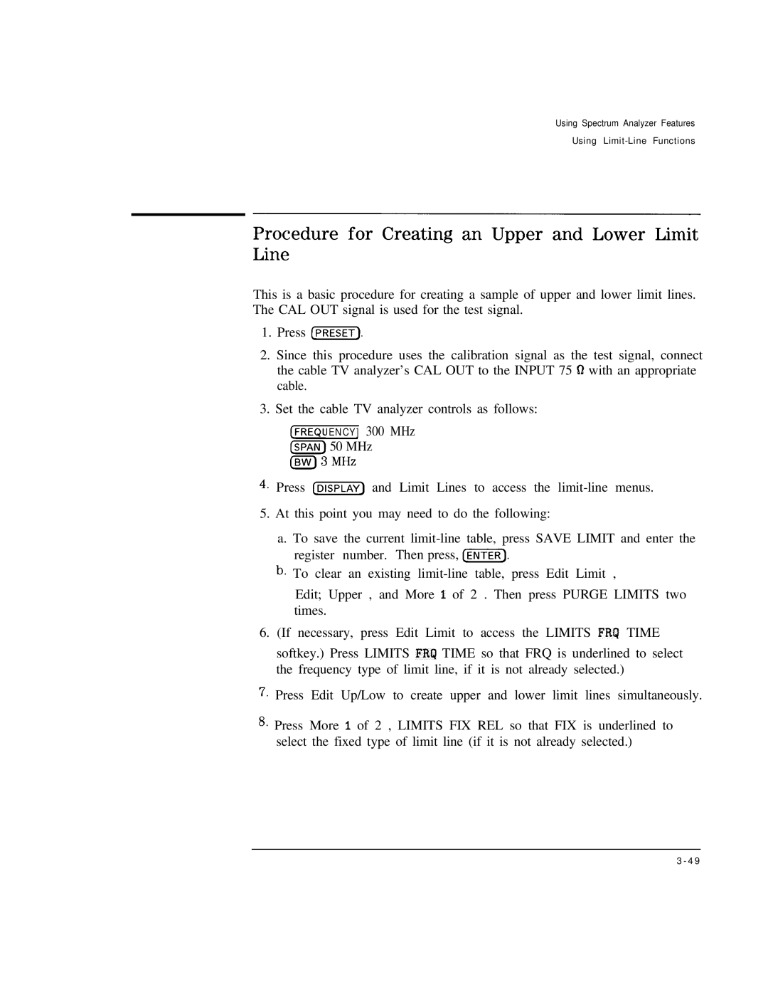 HP Cable Box 8591C manual Procedure for Creating an Upper and Lower Limit Line 