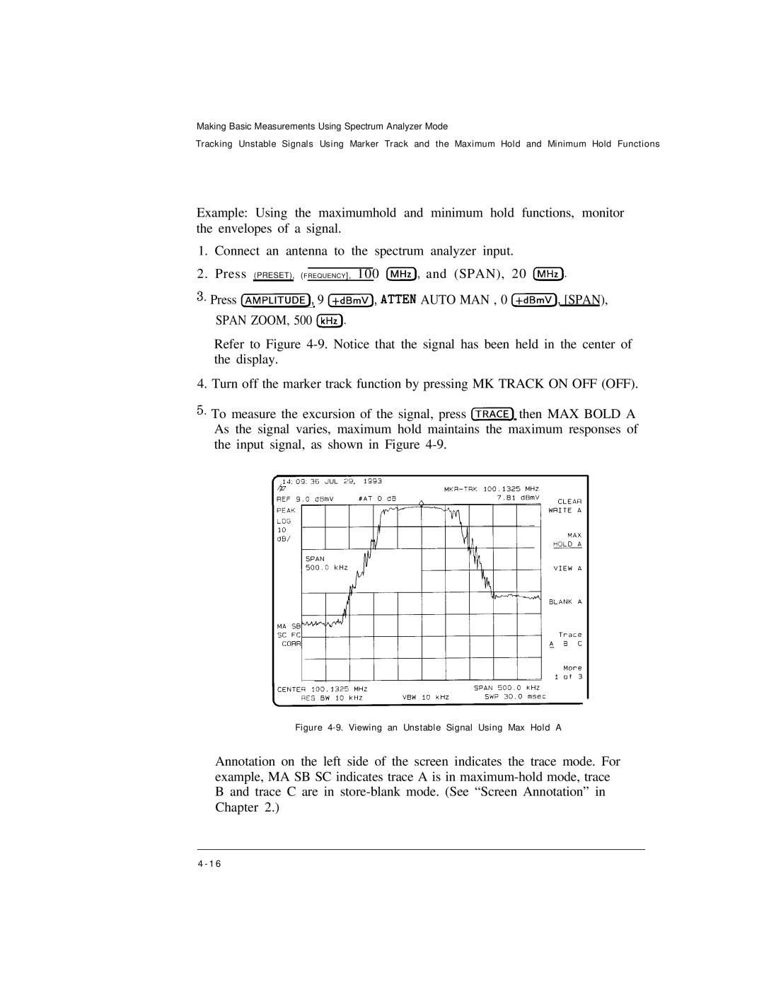 HP Cable Box 8591C manual Viewing an Unstable Signal Using Max Hold a 