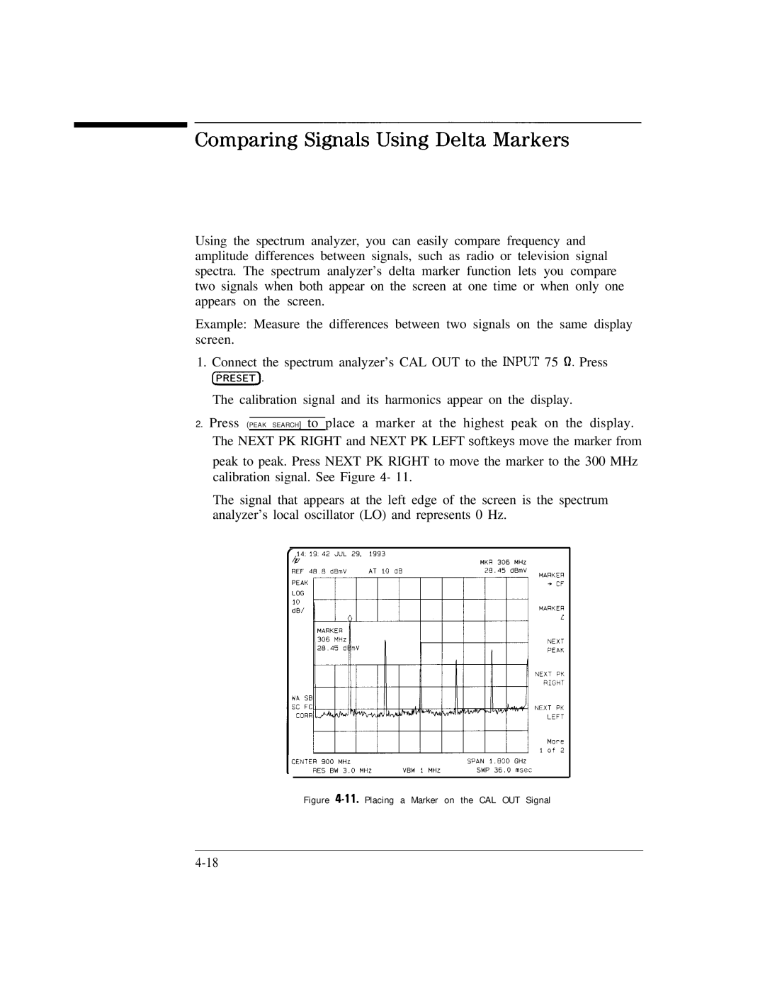 HP Cable Box 8591C manual Comparing Signals Using Delta Markers, Placing a Marker on the CAL OUT Signal 