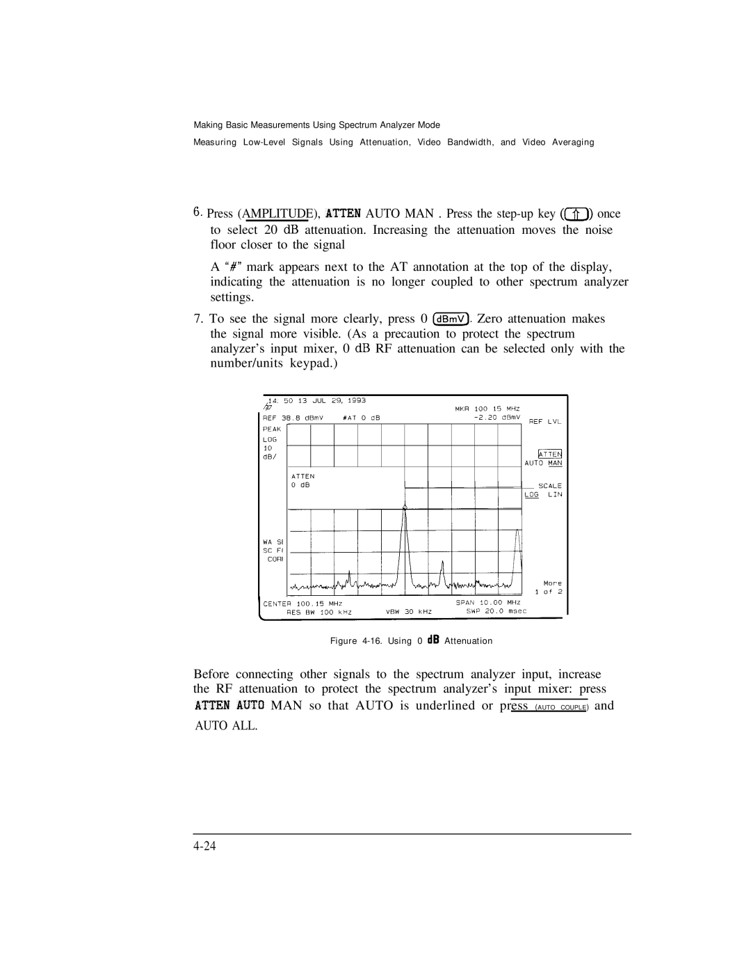 HP Cable Box 8591C manual Auto ALL, Using 0 dB Attenuation 