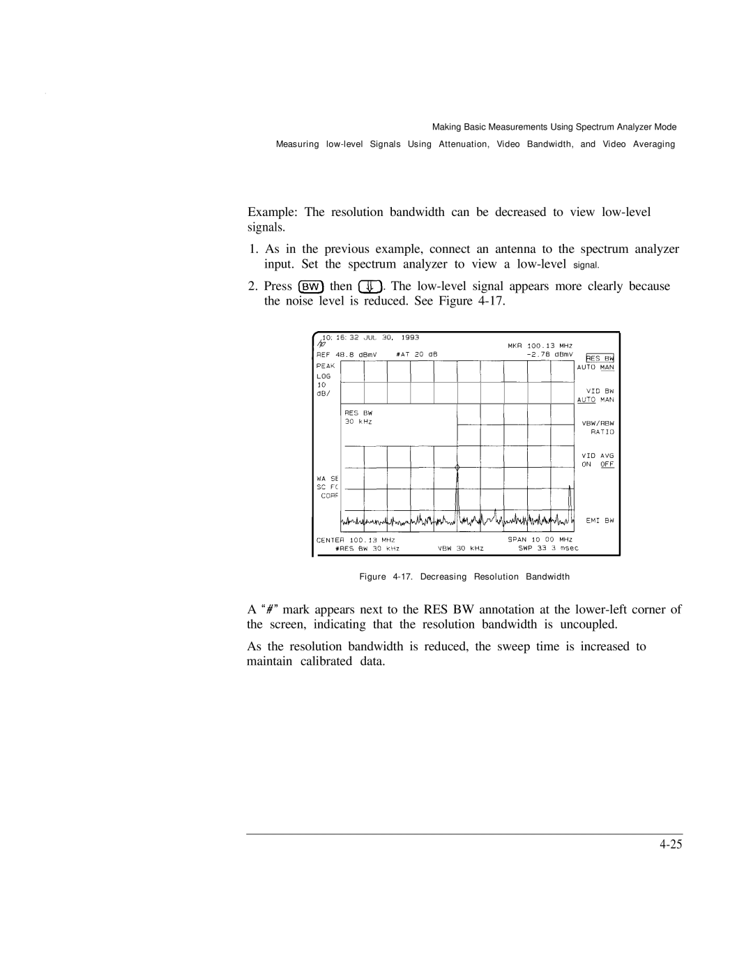 HP Cable Box 8591C manual Decreasing Resolution Bandwidth 