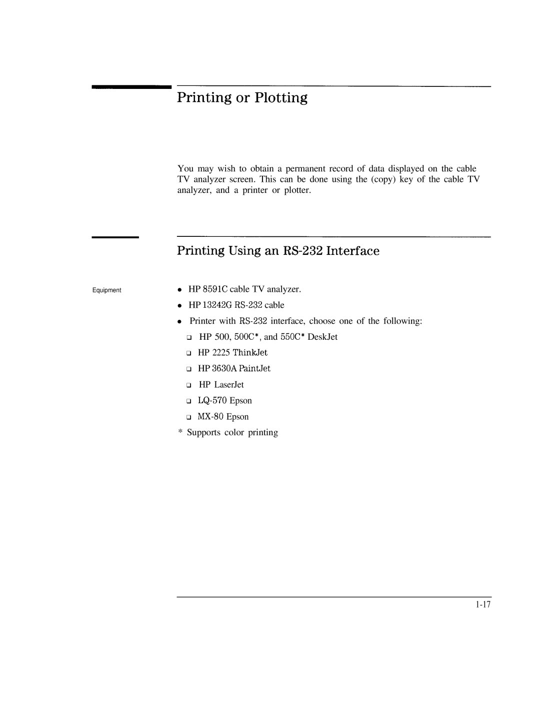 HP Cable Box 8591C manual Printing or Plotting, Printing Using an RS-232 Interface 