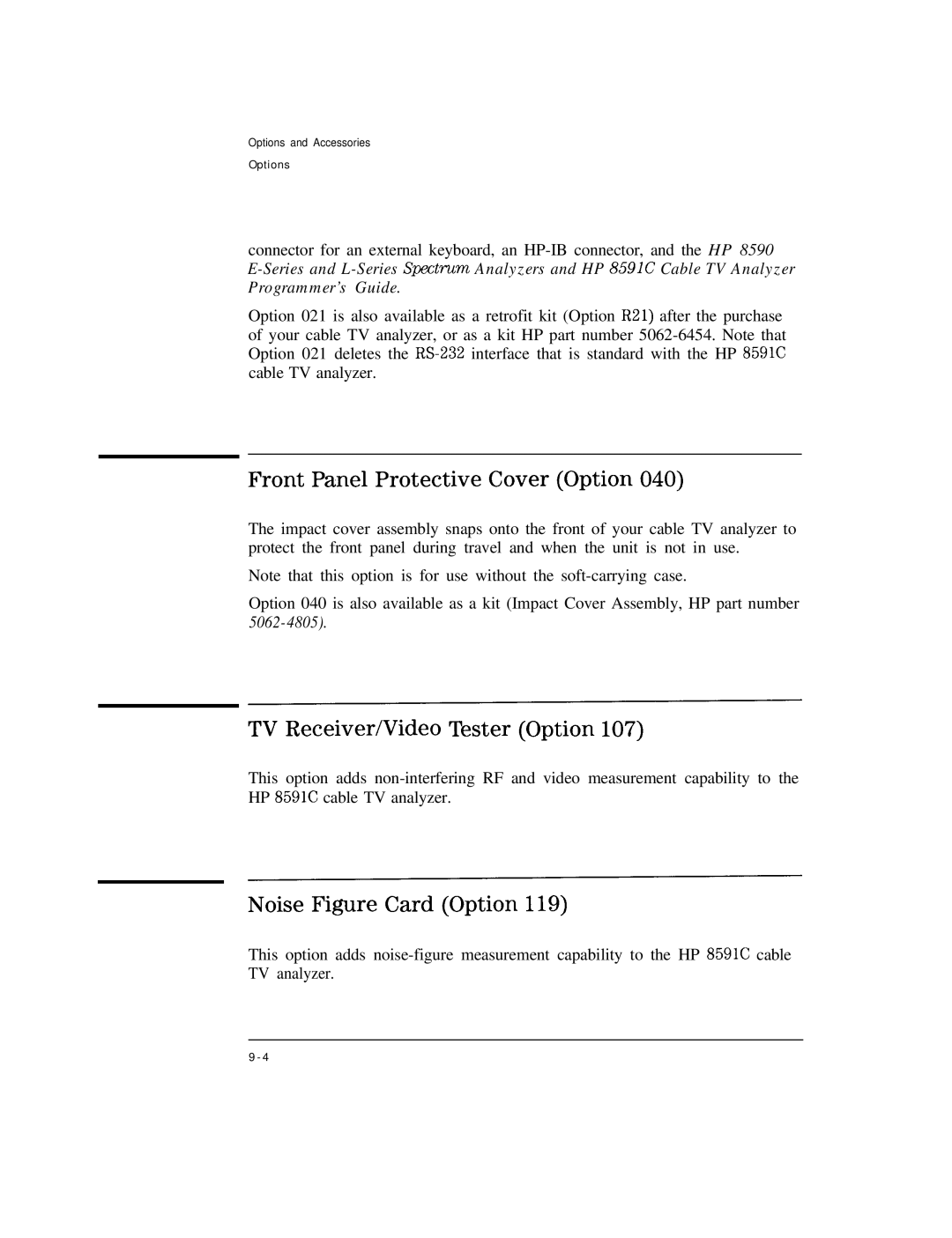 HP Cable Box 8591C manual Front Panel Protective Cover Option, TV Receiver/Video Tester Option, Noise Figure Card Option 