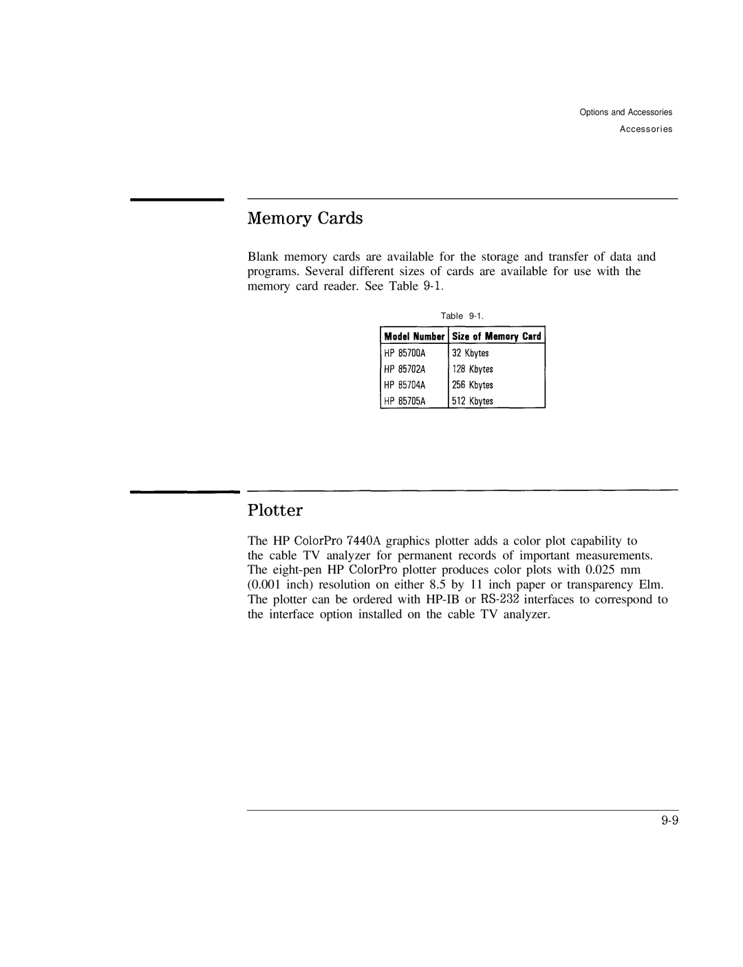 HP Cable Box 8591C manual Memory Cards, Plotter 