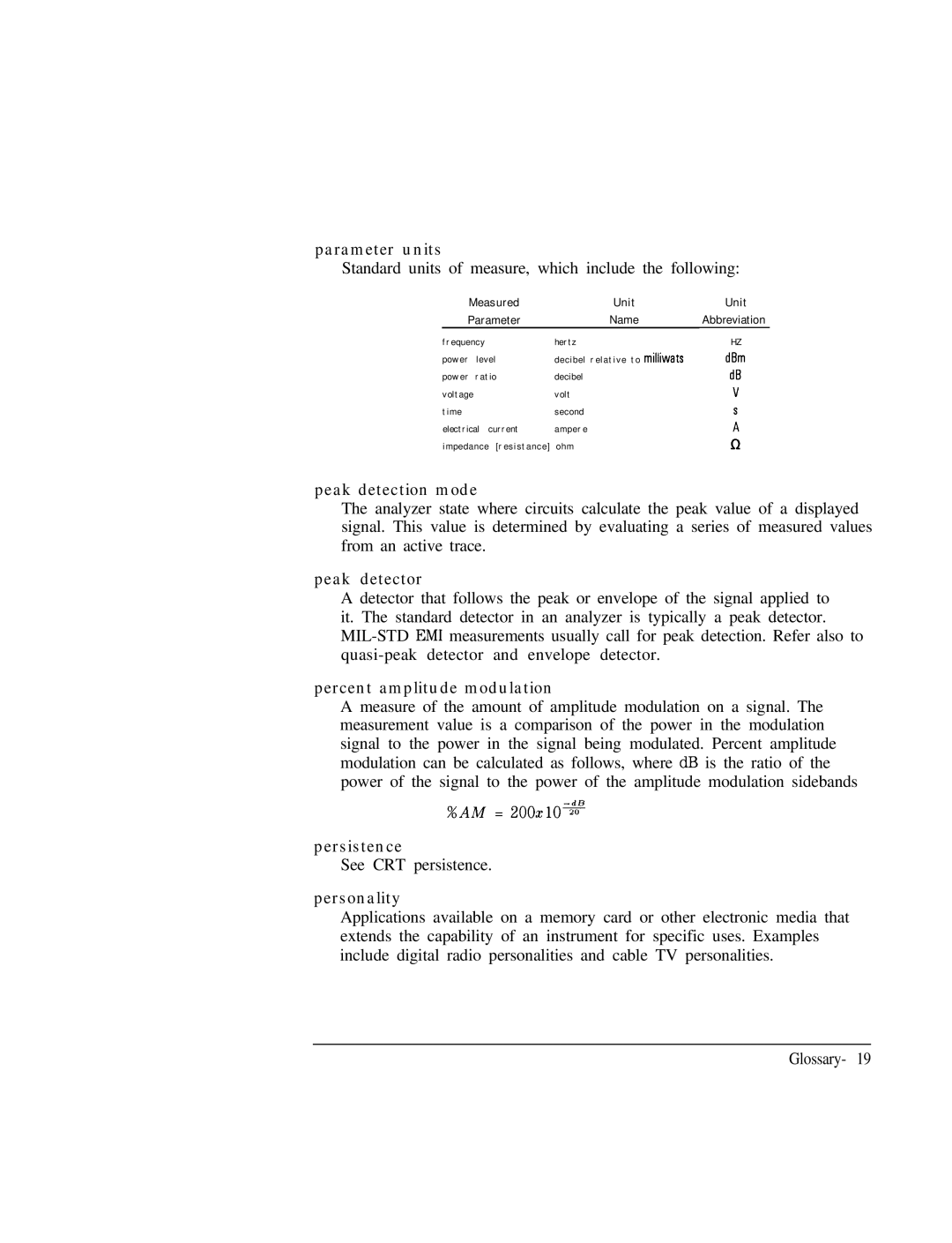 HP Cable Box 8591C manual Standard units of measure, which include the following, See CRT persistence 