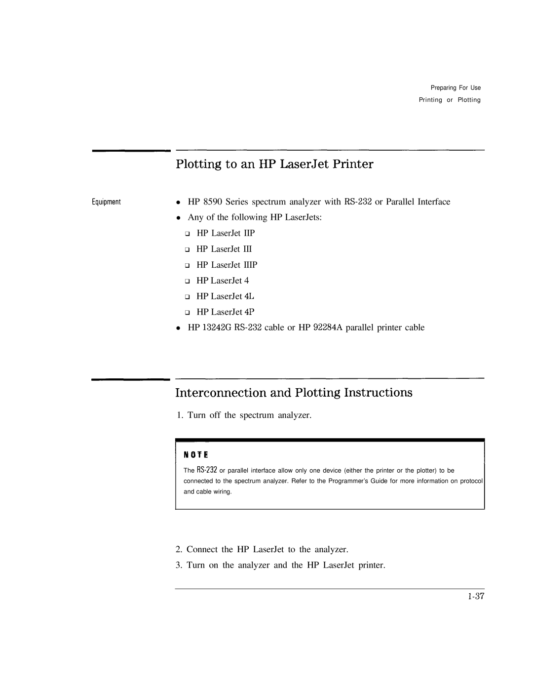 HP Cable Box 8591C manual Plotting to an HP LaserJet Printer, Turn off the spectrum analyzer 