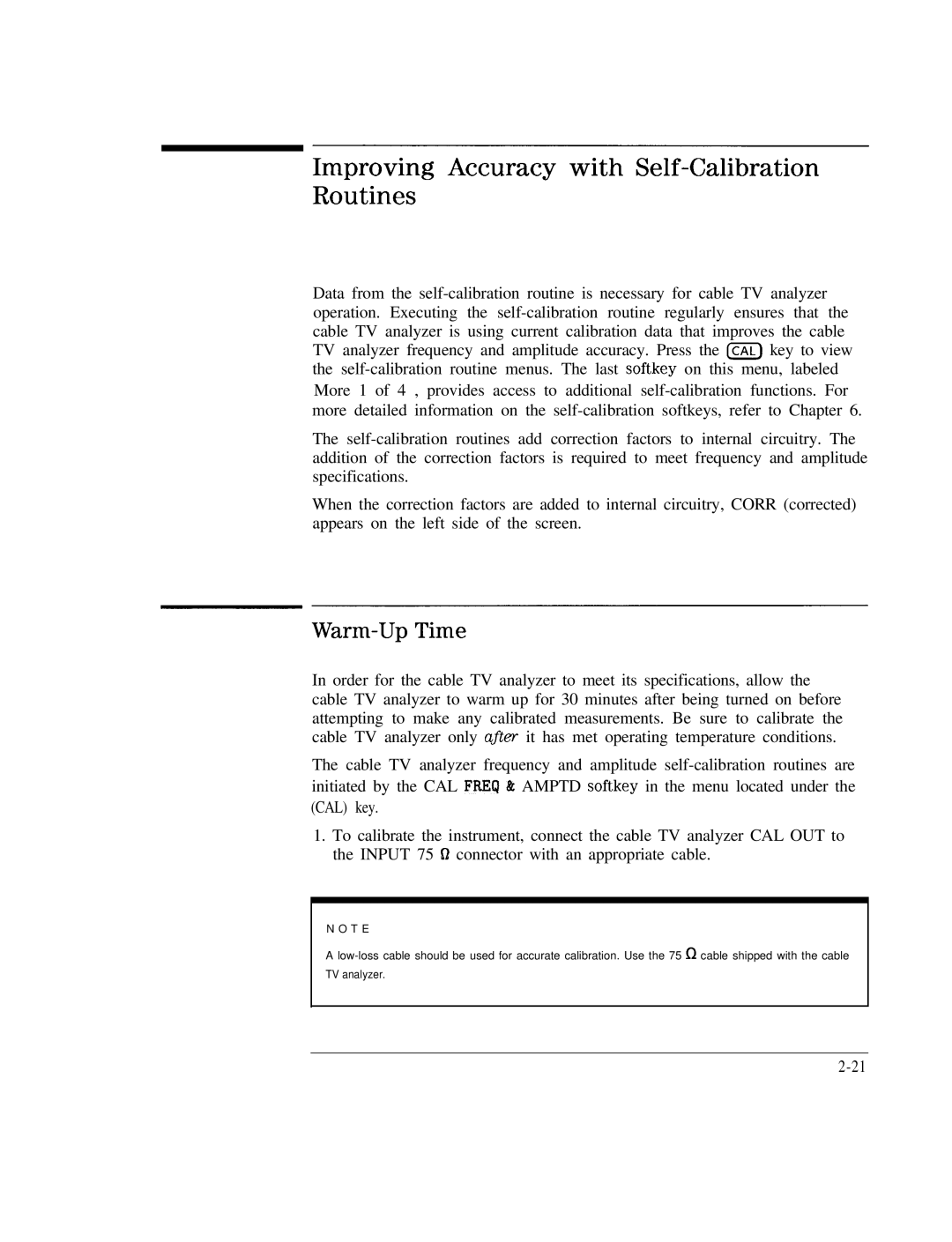 HP Cable Box 8591C manual Improving Accuracy with Self-Calibration Routines, Warm-Up Time 