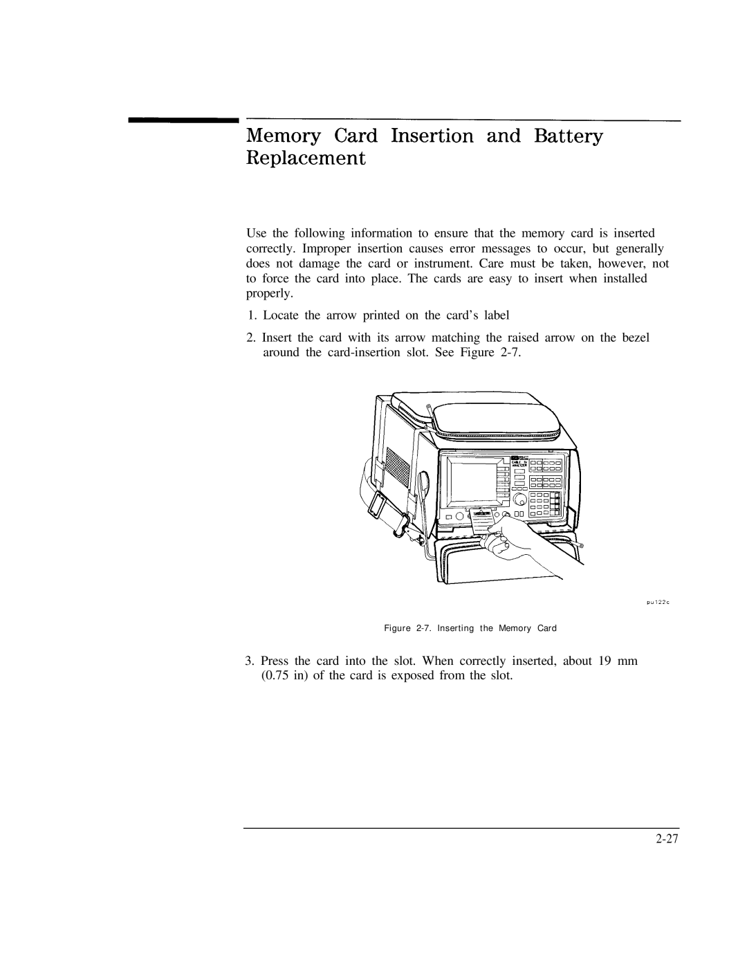 HP Cable Box 8591C manual Memory Card Insertion and Battery Replacement, Inserting the Memory Card 