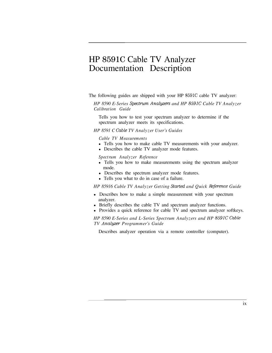 HP Cable Box 8591C manual HP 8591C Cable TV Analyzer Documentation Description 