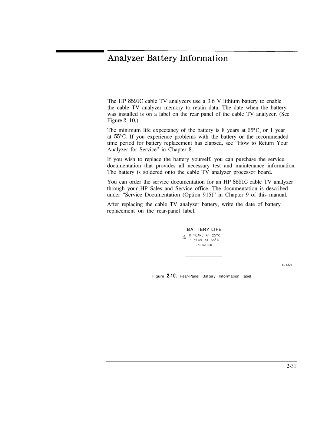 HP Cable Box 8591C manual Analyzer Battery Information, Rear-Panel Battery Information label 