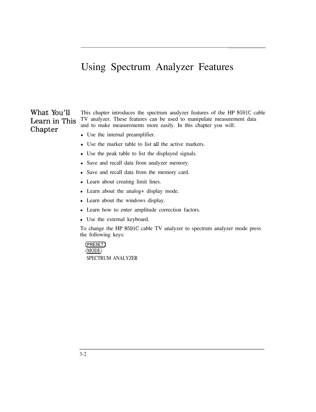 HP Cable Box 8591C manual What You’ll Learn in This Chapter, Spectrum Analyzer 