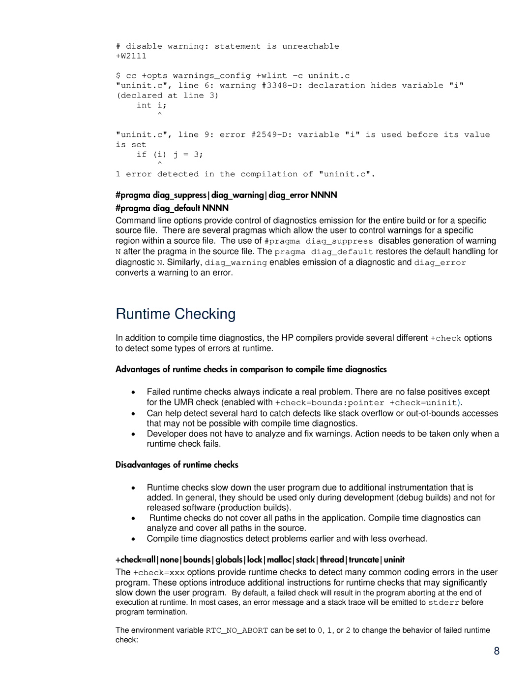 HP C/aC++ for PA-RISC Software manual Runtime Checking 