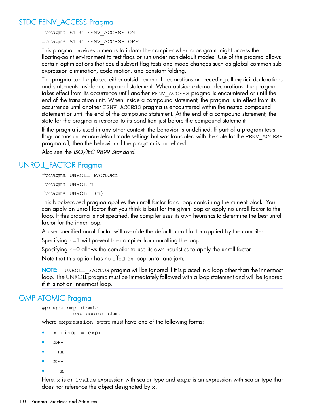 HP C/aC++ for PA-RISC Software manual Stdc Fenvaccess Pragma, Unrollfactor Pragma, OMP Atomic Pragma 