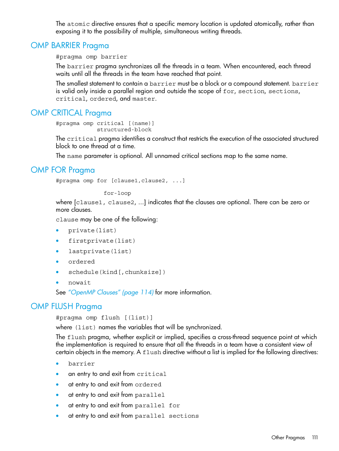 HP C/aC++ for PA-RISC Software manual OMP Barrier Pragma, OMP Critical Pragma, OMP for Pragma, OMP Flush Pragma 