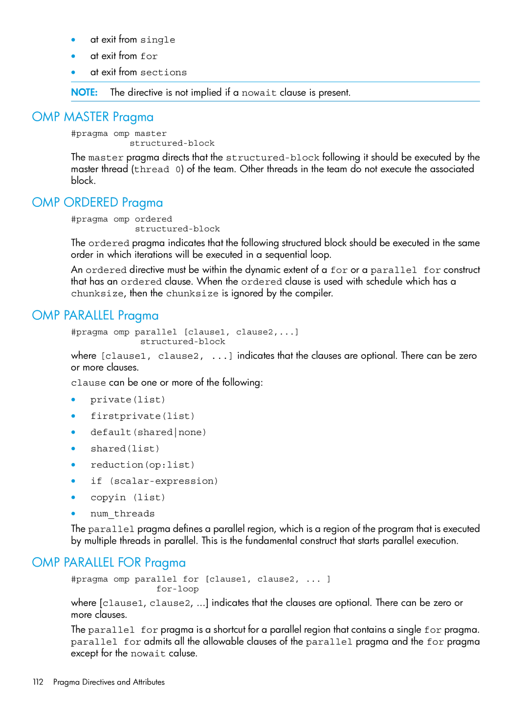 HP C/aC++ for PA-RISC Software manual OMP Master Pragma, OMP Ordered Pragma, OMP Parallel Pragma, OMP Parallel for Pragma 