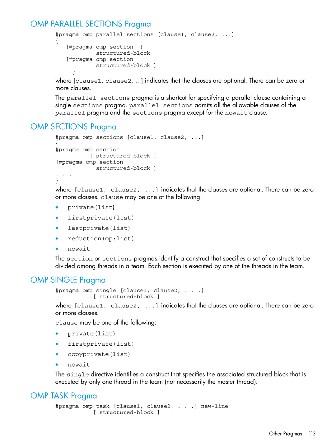 HP C/aC++ for PA-RISC Software manual OMP Parallel Sections Pragma, OMP Sections Pragma, OMP Single Pragma, OMP Task Pragma 