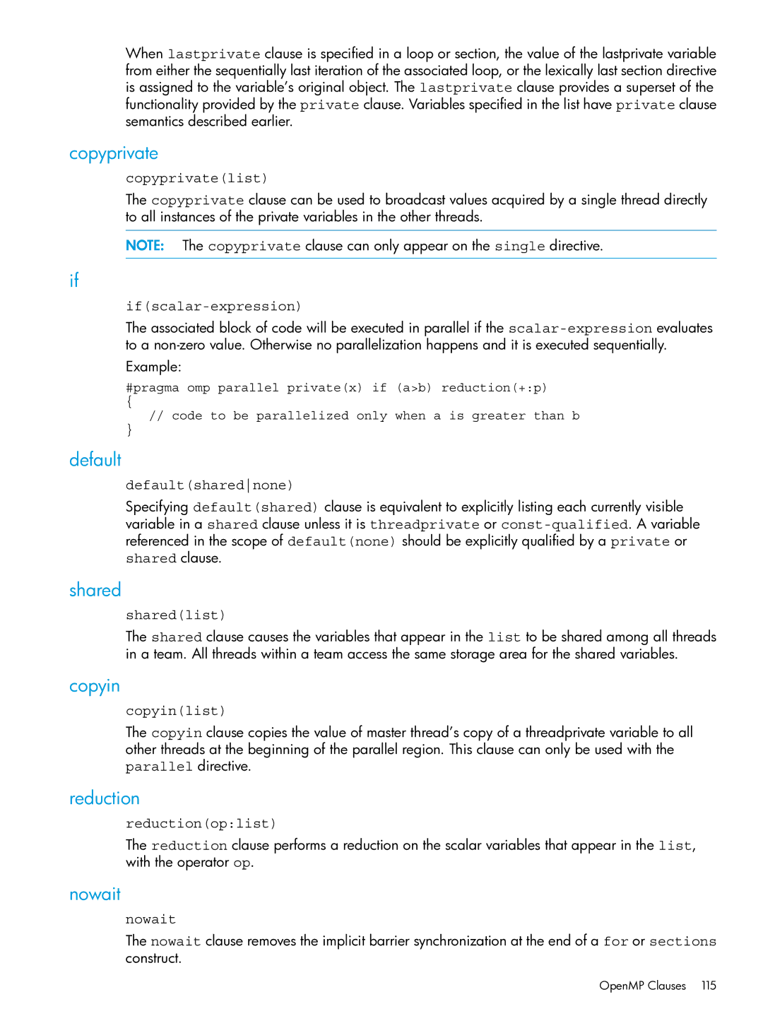 HP C/aC++ for PA-RISC Software manual Copyprivate, Default, Shared, Copyin, Reduction, Nowait 