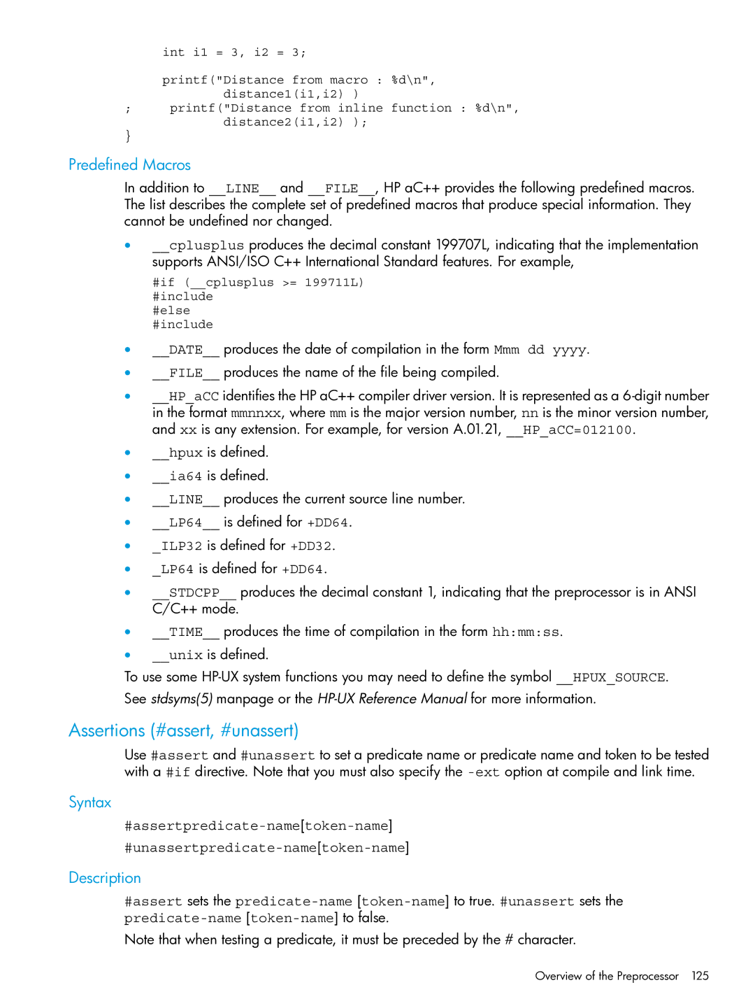 HP C/aC++ for PA-RISC Software manual Assertions #assert, #unassert, Predefined Macros 