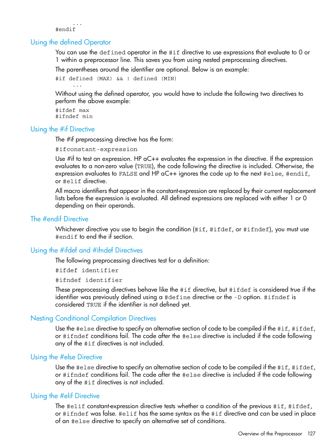 HP C/aC++ for PA-RISC Software manual Using the defined Operator, Using the #if Directive, #endif Directive 