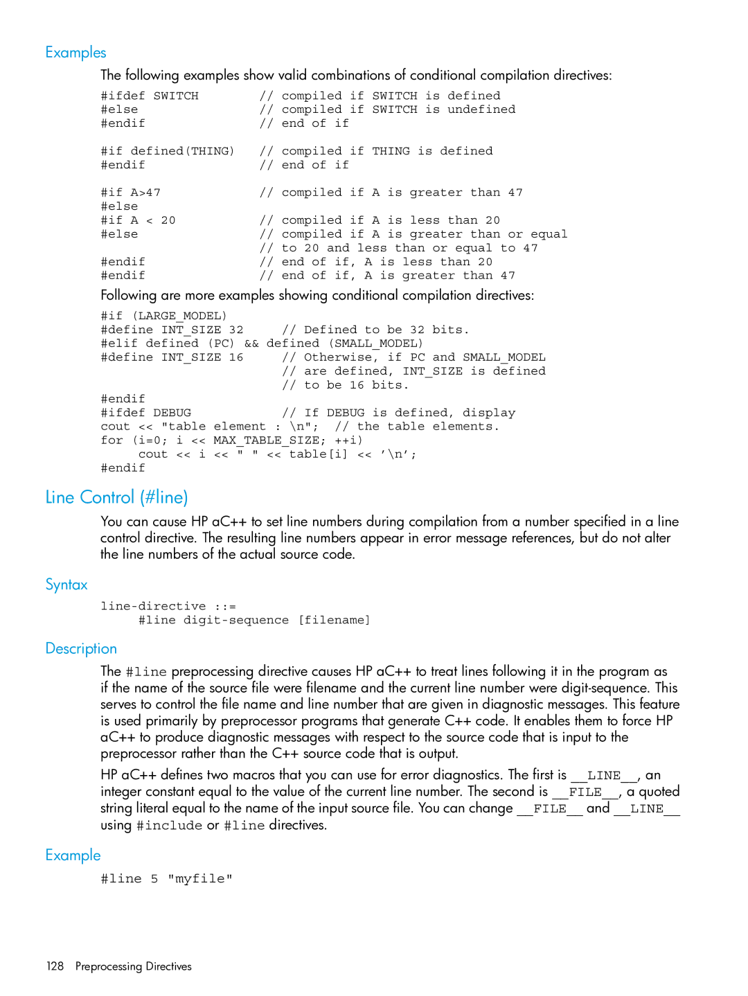 HP C/aC++ for PA-RISC Software manual Line Control #line, Example, #line 5 myfile 