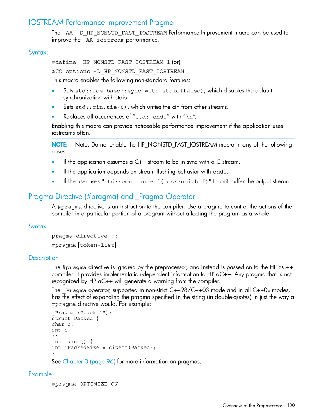 HP C/aC++ for PA-RISC Software manual Iostream Performance Improvement Pragma, Pragma Directive #pragma and Pragma Operator 