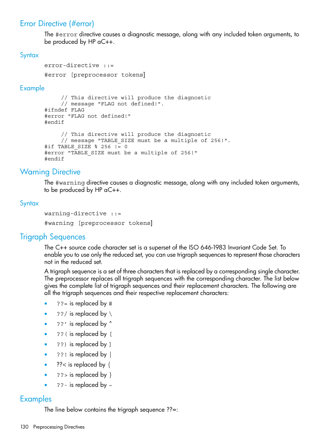 HP C/aC++ for PA-RISC Software manual Error Directive #error, Trigraph Sequences, Examples 