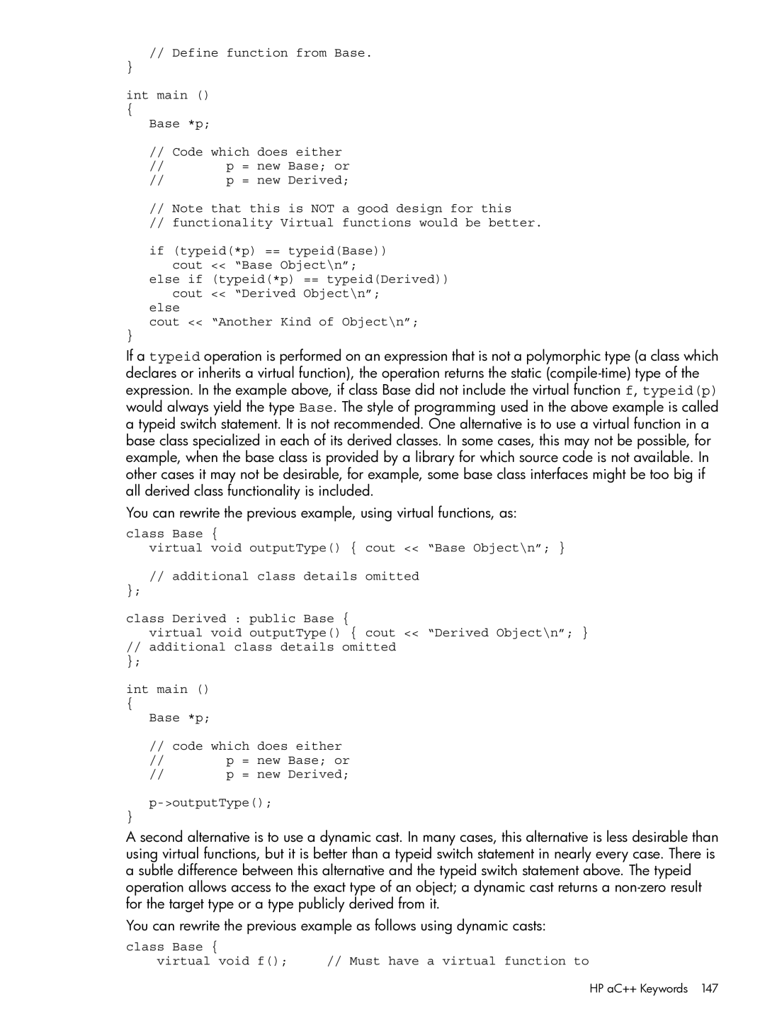 HP C/aC++ for PA-RISC Software manual Class Base Virtual void f Must have a virtual function to 