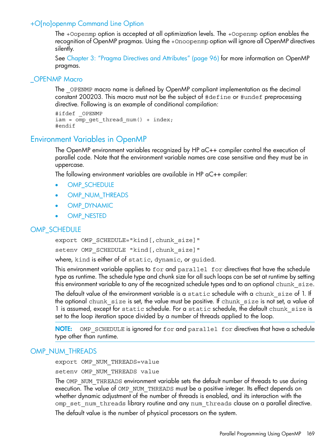 HP C/aC++ for PA-RISC Software manual Environment Variables in OpenMP, +Onoopenmp Command Line Option, Openmp Macro 