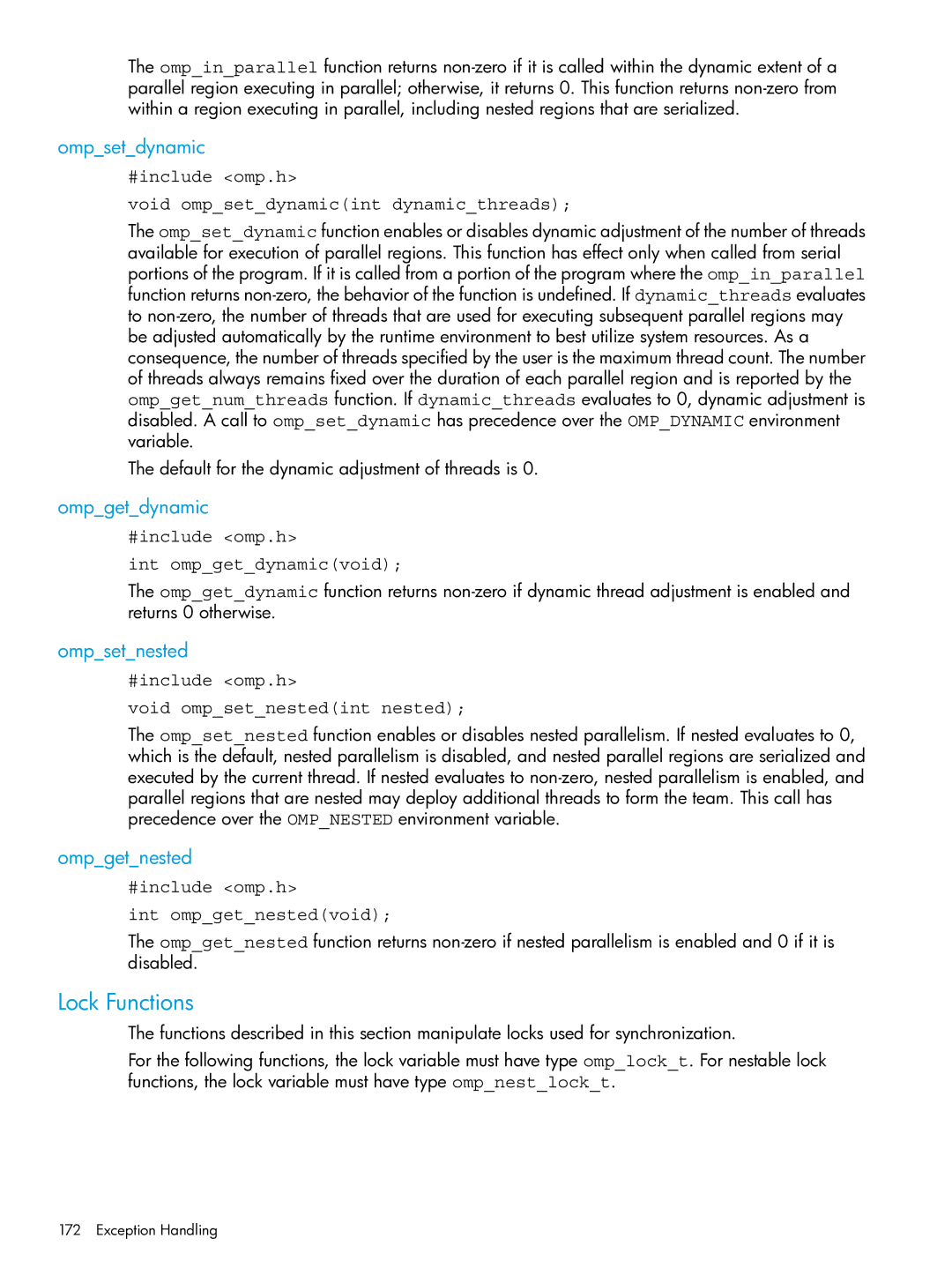 HP C/aC++ for PA-RISC Software manual Lock Functions, Ompsetdynamic, Ompgetdynamic, Ompsetnested, Ompgetnested 