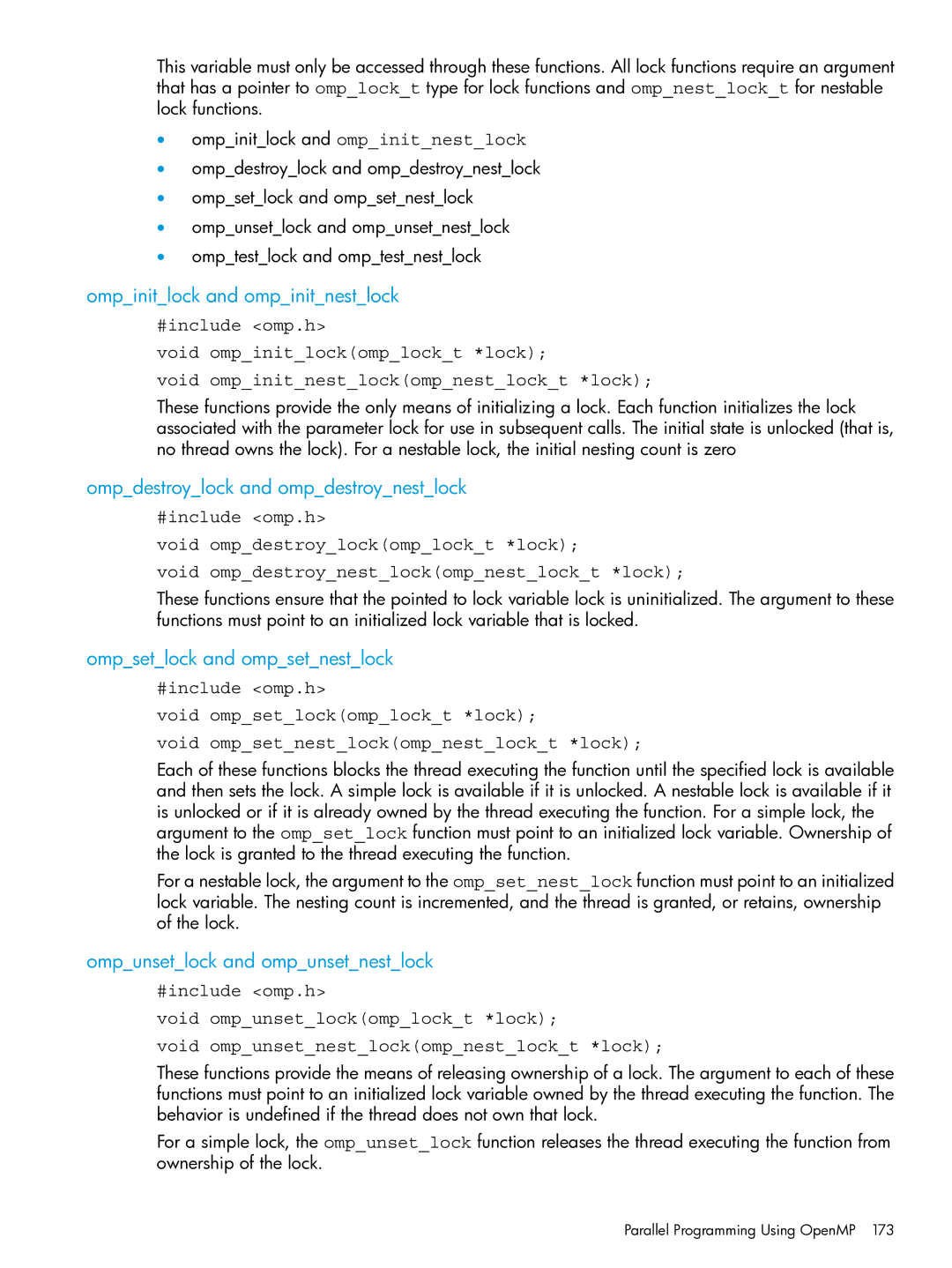 HP C/aC++ for PA-RISC Software manual Ompinitlock and ompinitnestlock, Ompdestroylock and ompdestroynestlock 