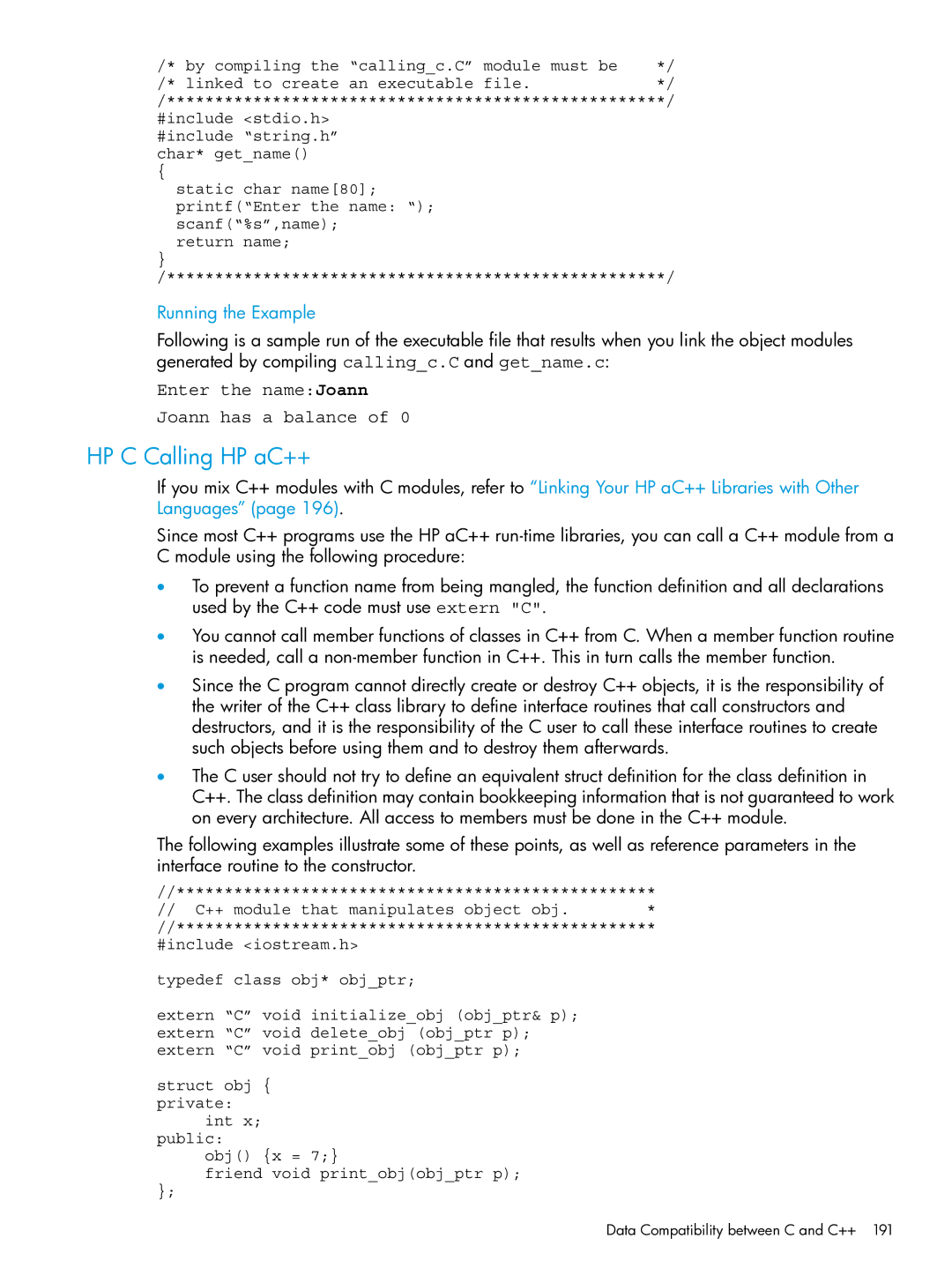 HP C/aC++ for PA-RISC Software manual HP C Calling HP aC++, Running the Example, Enter the nameJoann Joann has a balance 