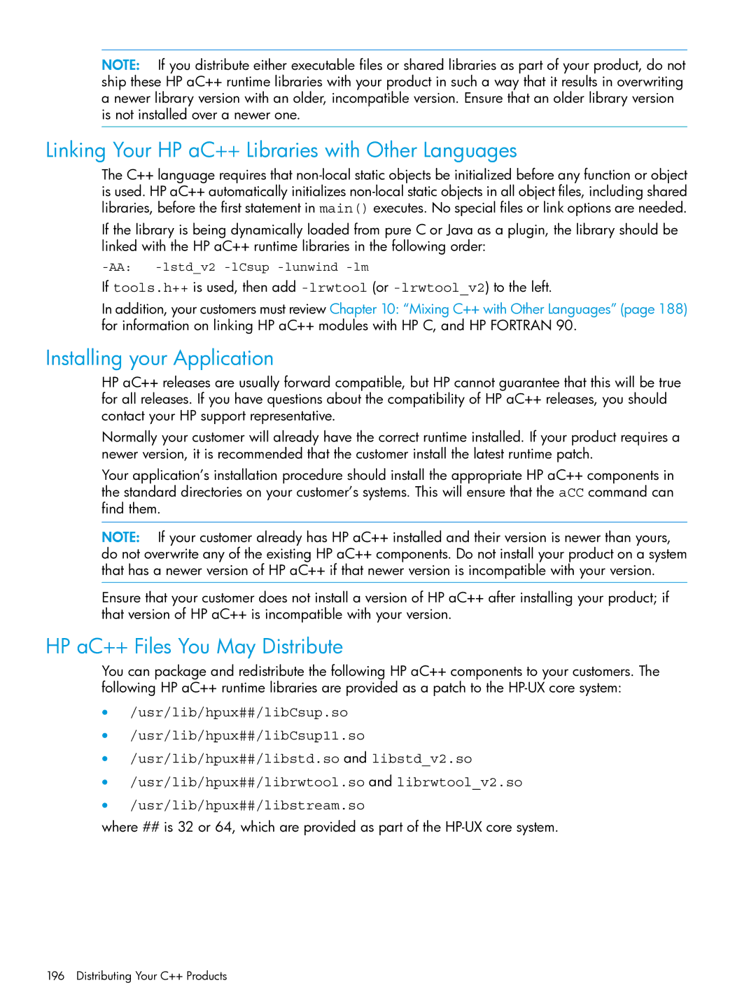 HP C/aC++ for PA-RISC Software manual Linking Your HP aC++ Libraries with Other Languages, Installing your Application 