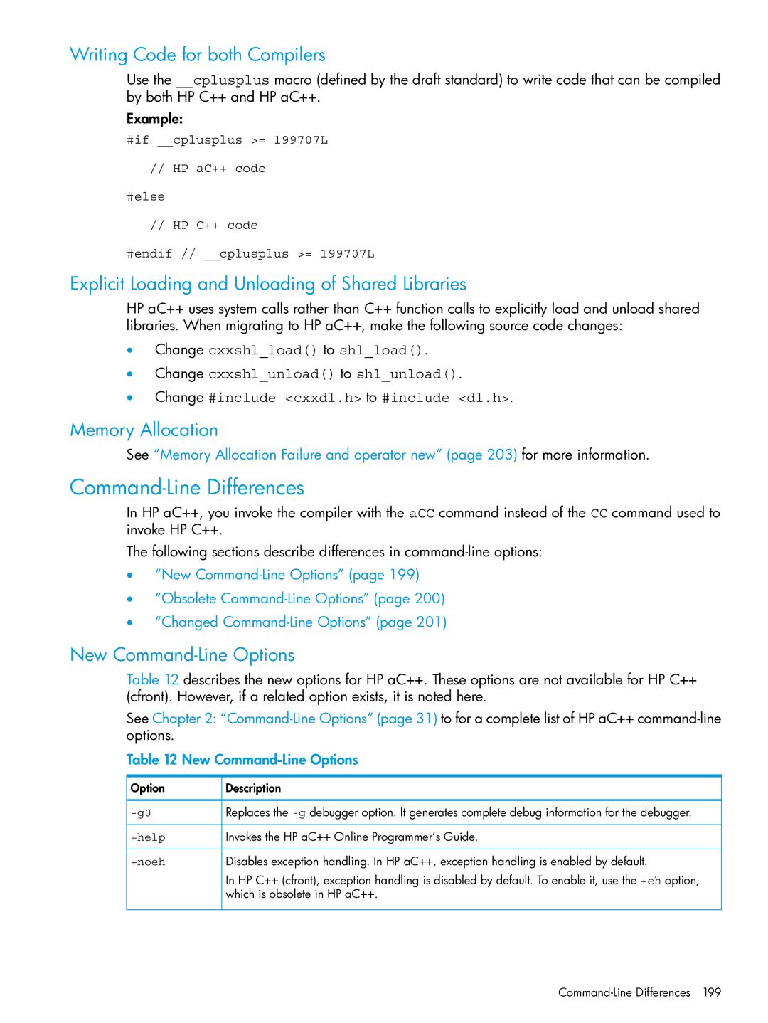 HP C/aC++ for PA-RISC Software manual Command-Line Differences, Writing Code for both Compilers, Memory Allocation 