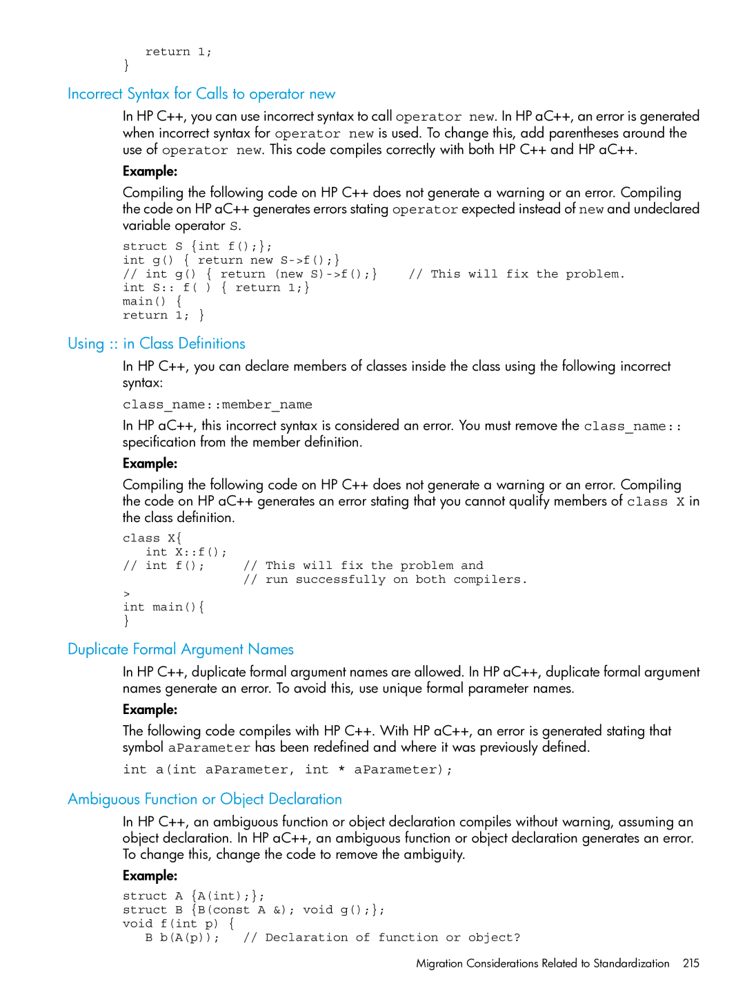 HP C/aC++ for PA-RISC Software manual Incorrect Syntax for Calls to operator new, Using in Class Definitions 