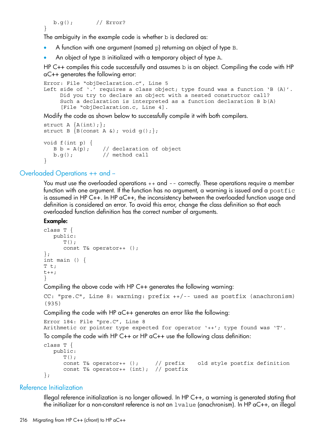 HP C/aC++ for PA-RISC Software manual Overloaded Operations ++, Reference Initialization 