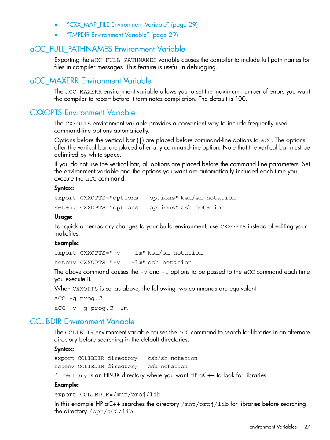 HP C/aC++ for PA-RISC Software manual ACCFULLPATHNAMES Environment Variable, ACCMAXERR Environment Variable 