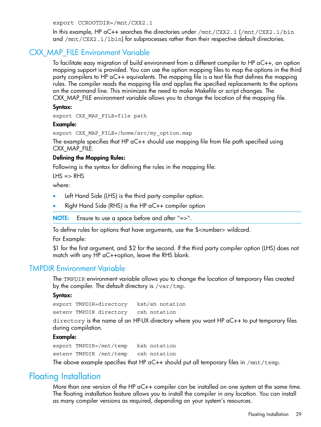 HP C/aC++ for PA-RISC Software manual Floating Installation, Cxxmapfile Environment Variable, Tmpdir Environment Variable 