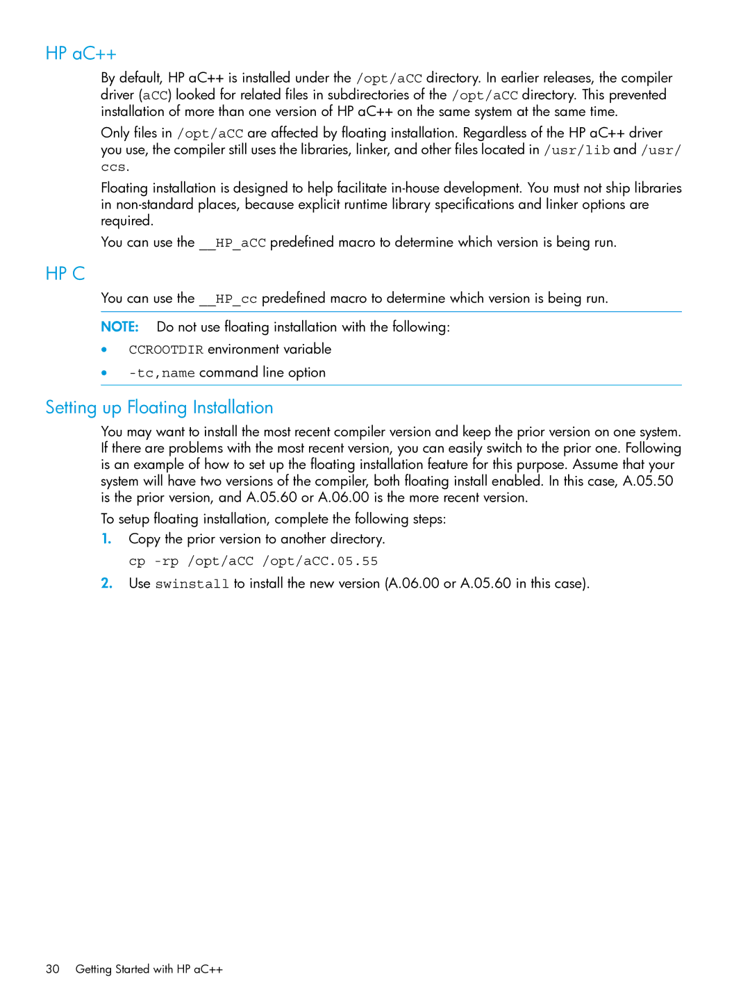 HP C/aC++ for PA-RISC Software manual HP aC++, Setting up Floating Installation 