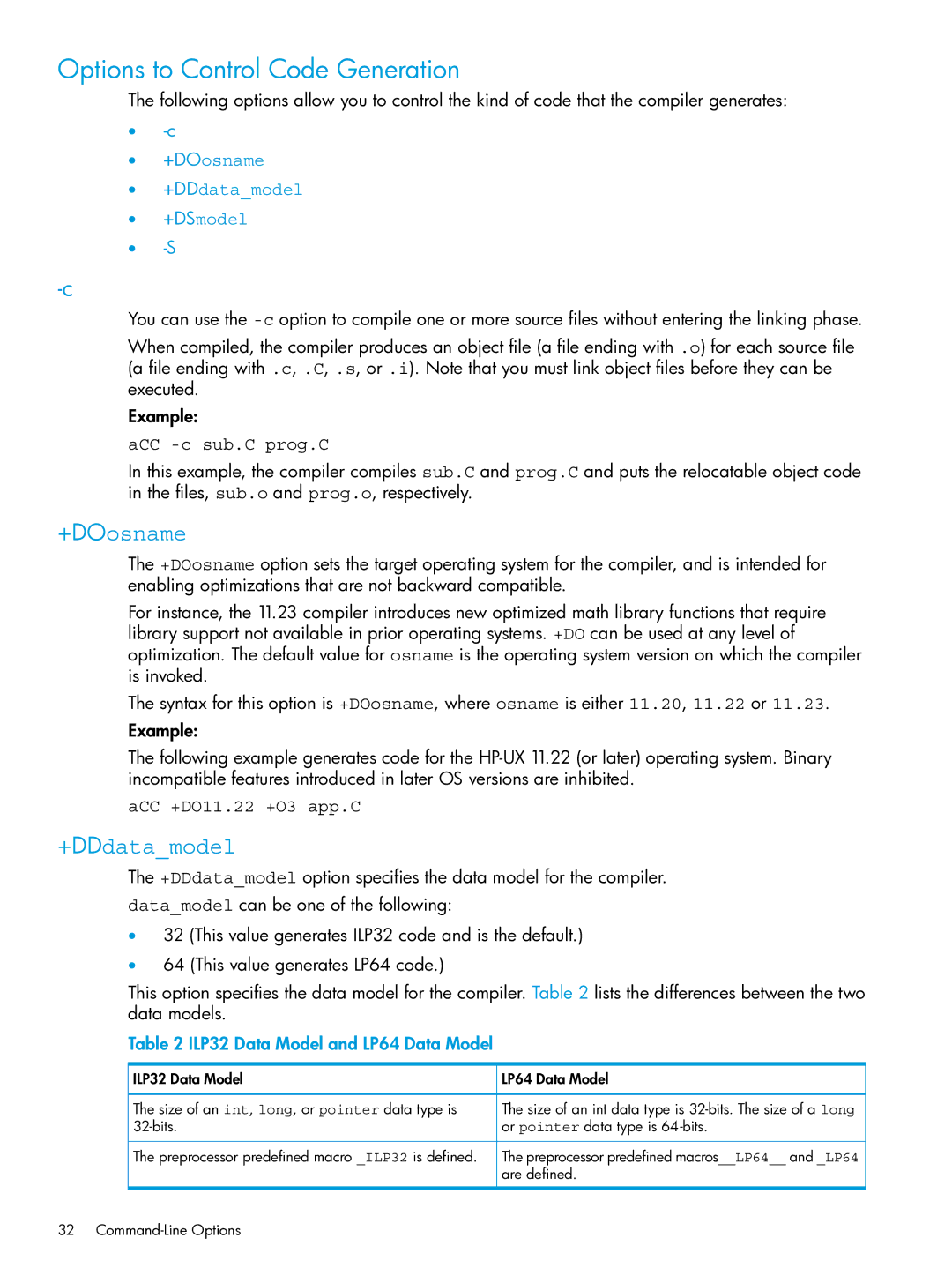 HP C/aC++ for PA-RISC Software manual Options to Control Code Generation, ACC -c sub.C prog.C, ACC +DO11.22 +O3 app.C 