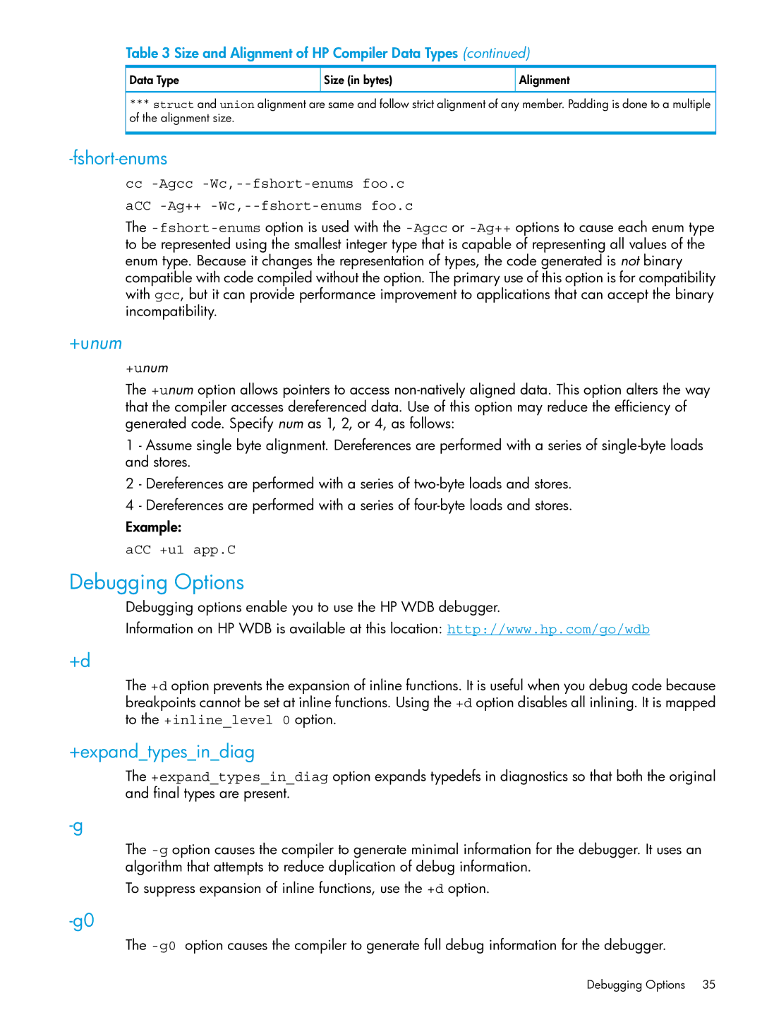 HP C/aC++ for PA-RISC Software manual Debugging Options, Fshort-enums, +expandtypesindiag, ACC +u1 app.C 