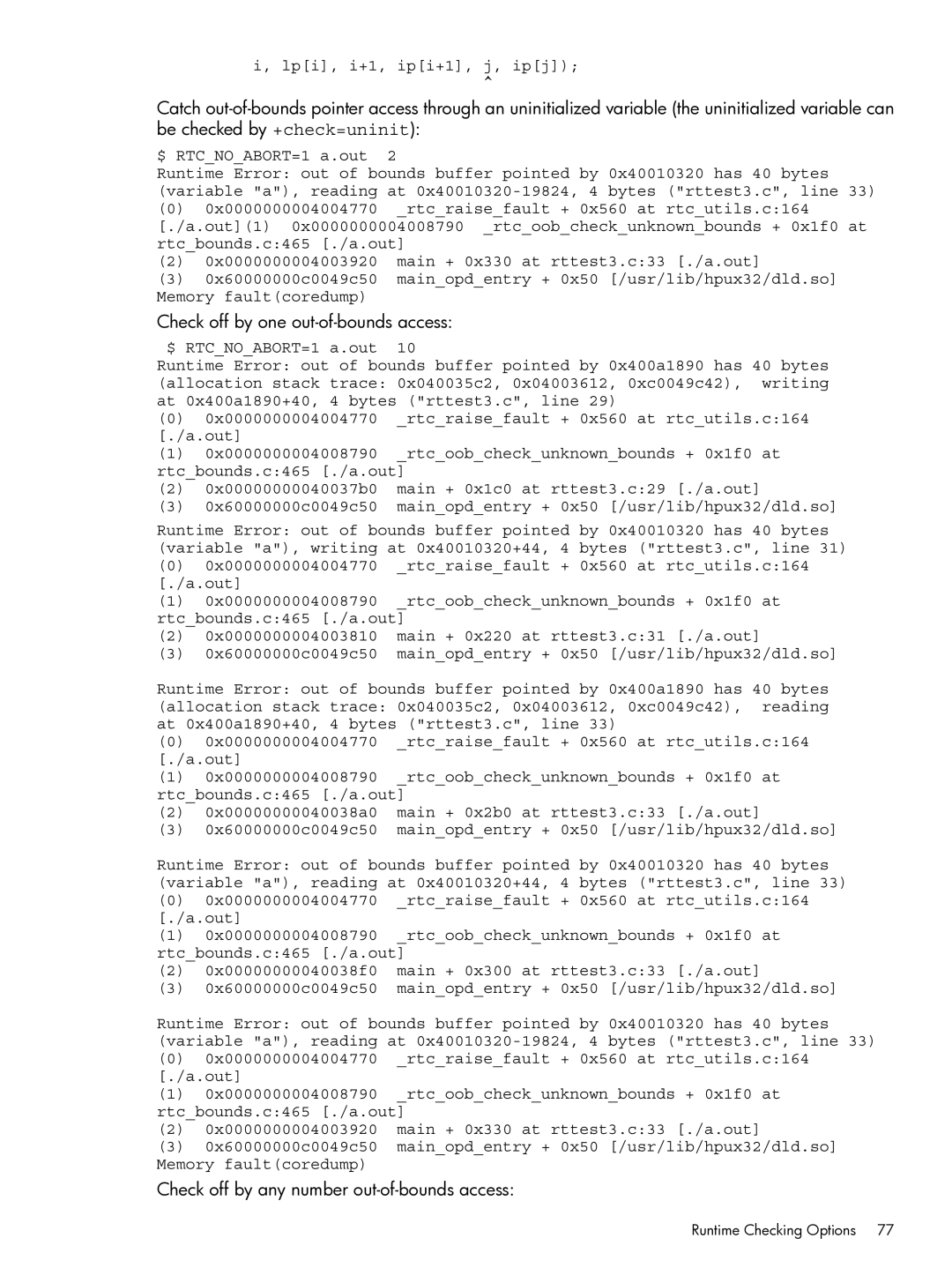 HP C/aC++ for PA-RISC Software manual Check off by one out-of-bounds access, Check off by any number out-of-bounds access 