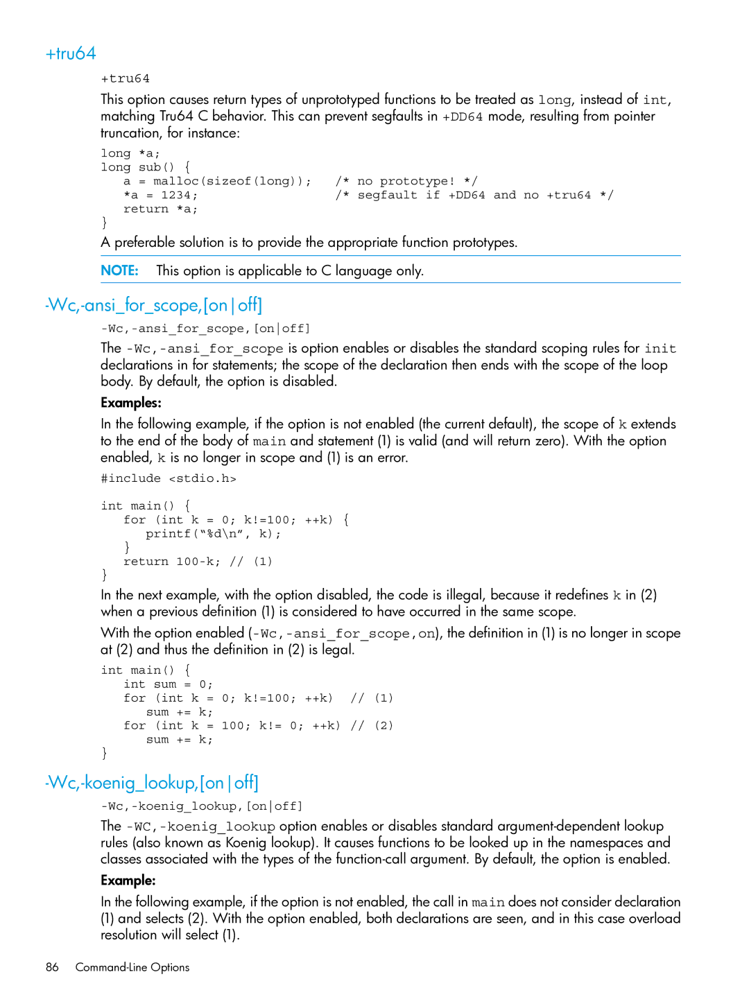 HP C/aC++ for PA-RISC Software manual +tru64, Wc,-ansiforscope,onoff, Wc,-koeniglookup,onoff 