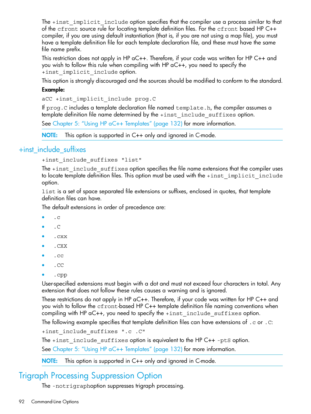 HP C/aC++ for PA-RISC Software manual Trigraph Processing Suppression Option, +instincludesuffixes 