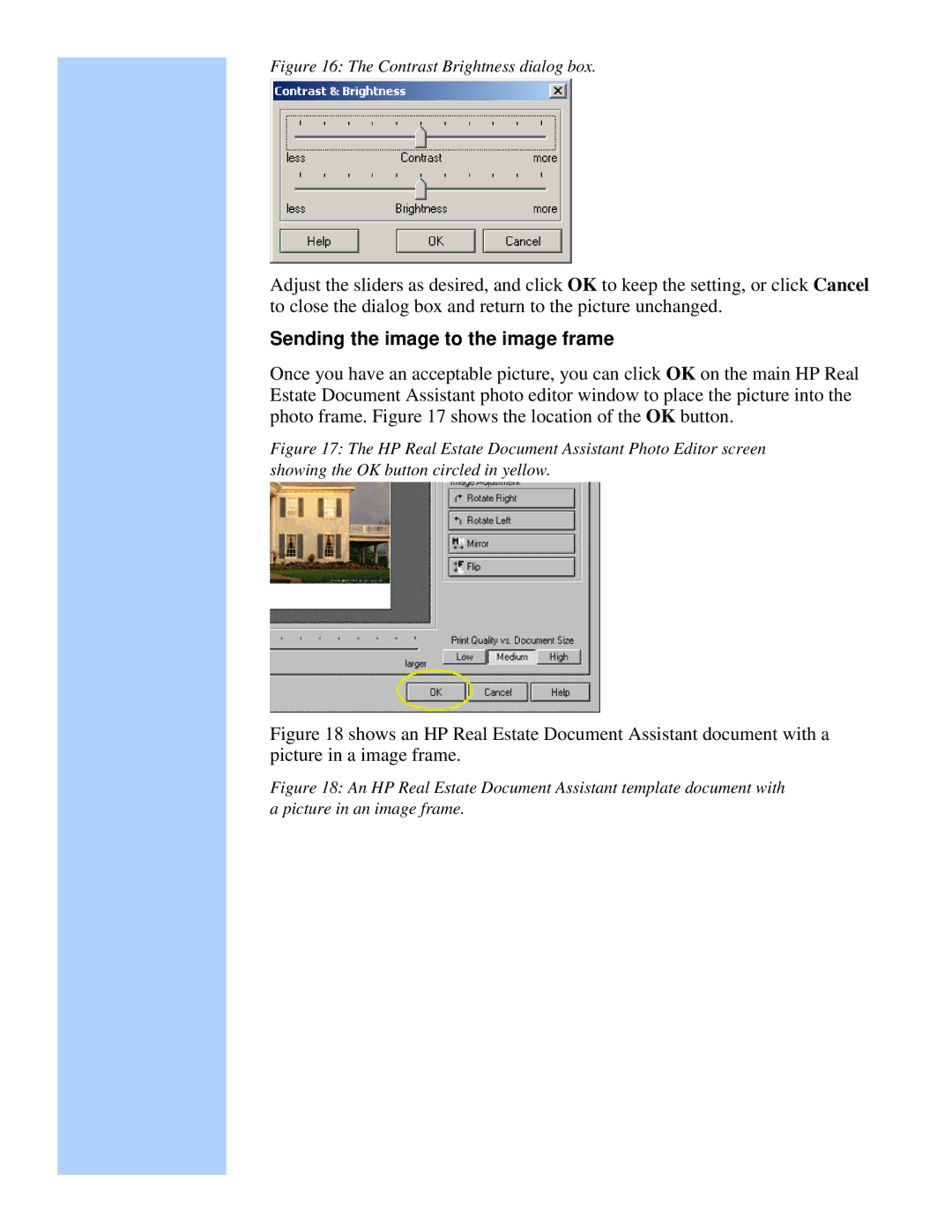 HP Camera Real Estate Software manual Sending the image to the image frame, Contrast Brightness dialog box 