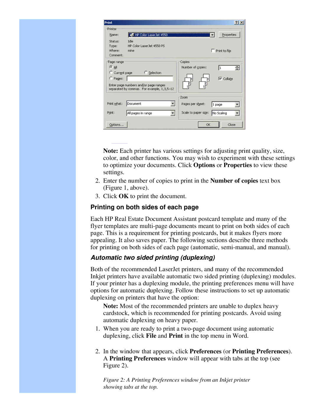 HP Camera Real Estate Software manual Printing on both sides of each, Automatic two sided printing duplexing 