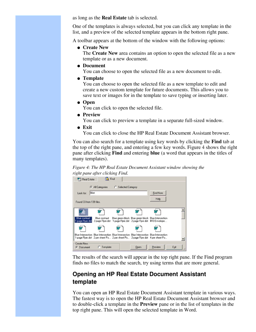 HP Camera Real Estate Software manual Opening an HP Real Estate Document Assistant template, Create New 